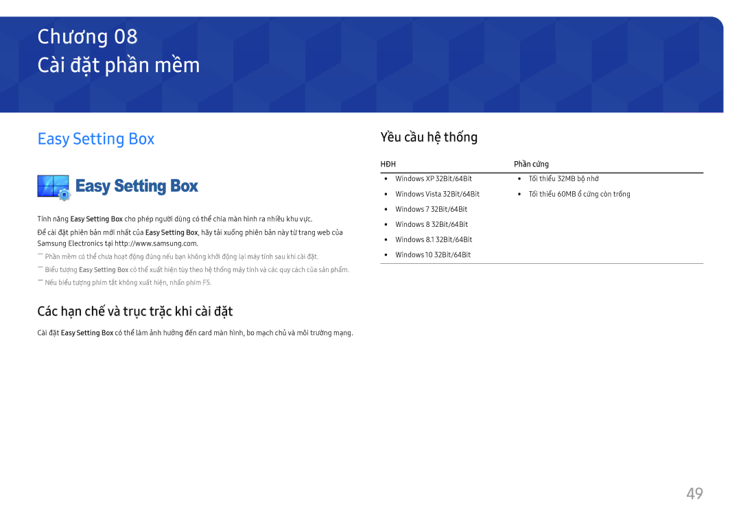 Samsung LS27H850QFEXXV manual Cà̀i đặt phầ̀n mề̀m, Easy Setting Box, Các hạ̣n chế́ và̀ trục trặc khi cà̀i đặt, Phần cứng 