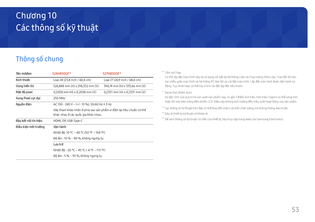 Samsung LS27H850QFEXXV manual Cac thông số́ kỹ thuậ̣t, Thông số chung, Tên môđen 