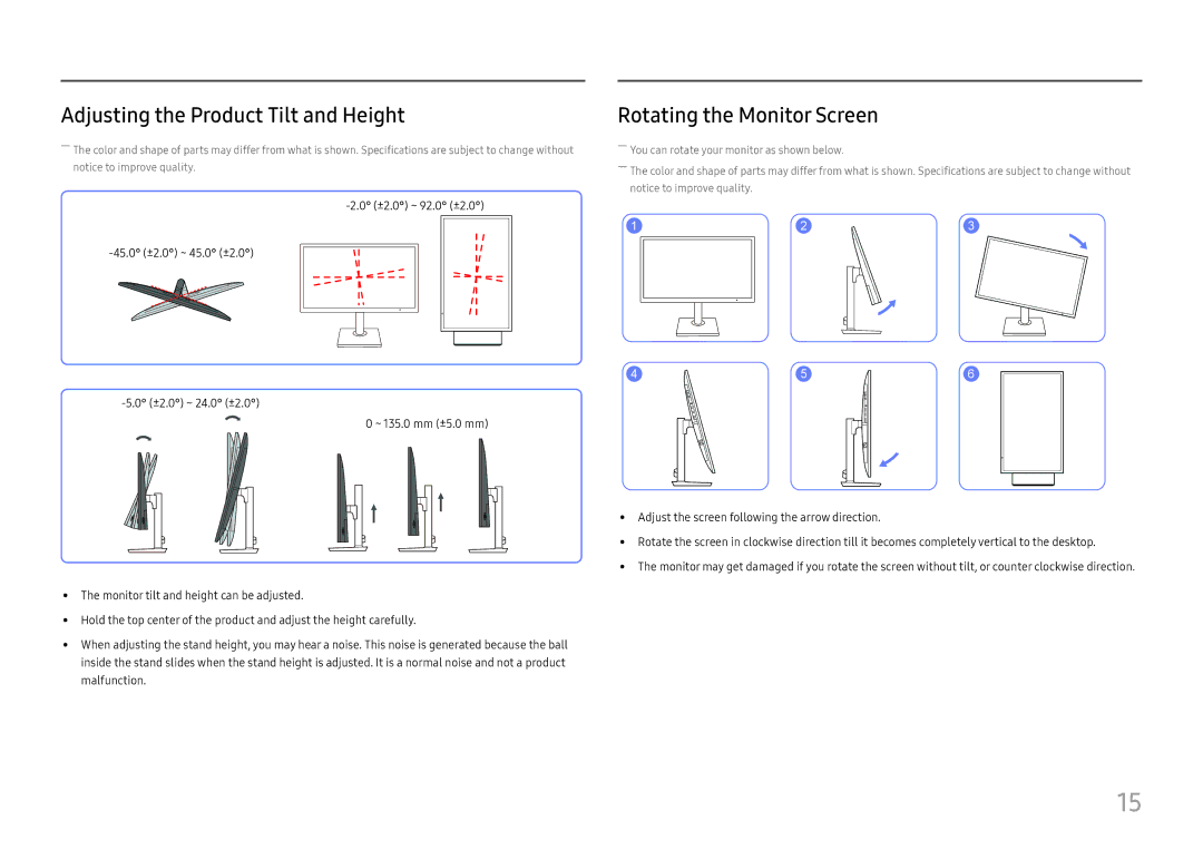 Samsung LS27H850QFMXCH, LS27H850QFUXEN, LS24H850QFUXEN Adjusting the Product Tilt and Height, Rotating the Monitor Screen 