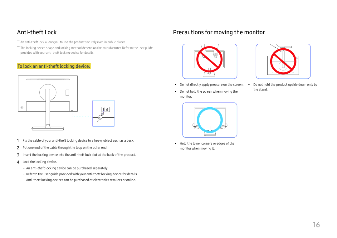 Samsung LS27H850QFUXEN manual Anti-theft Lock, Precautions for moving the monitor, To lock an anti-theft locking device 