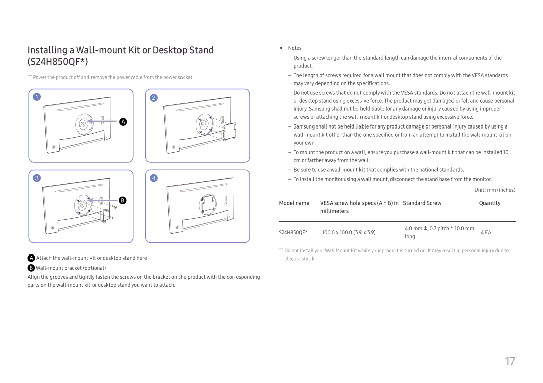 Samsung LS24H850QFUXEN, LS27H850QFUXEN, LS27H850QFEXXV manual Installing a Wall-mount Kit or Desktop Stand S24H850QF 