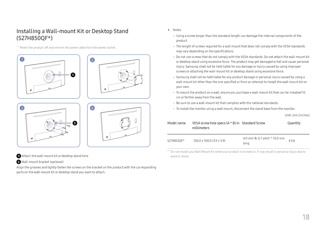 Samsung LS27H850QFEXXV, LS27H850QFUXEN, LS24H850QFUXEN manual Installing a Wall-mount Kit or Desktop Stand S27H850QF 