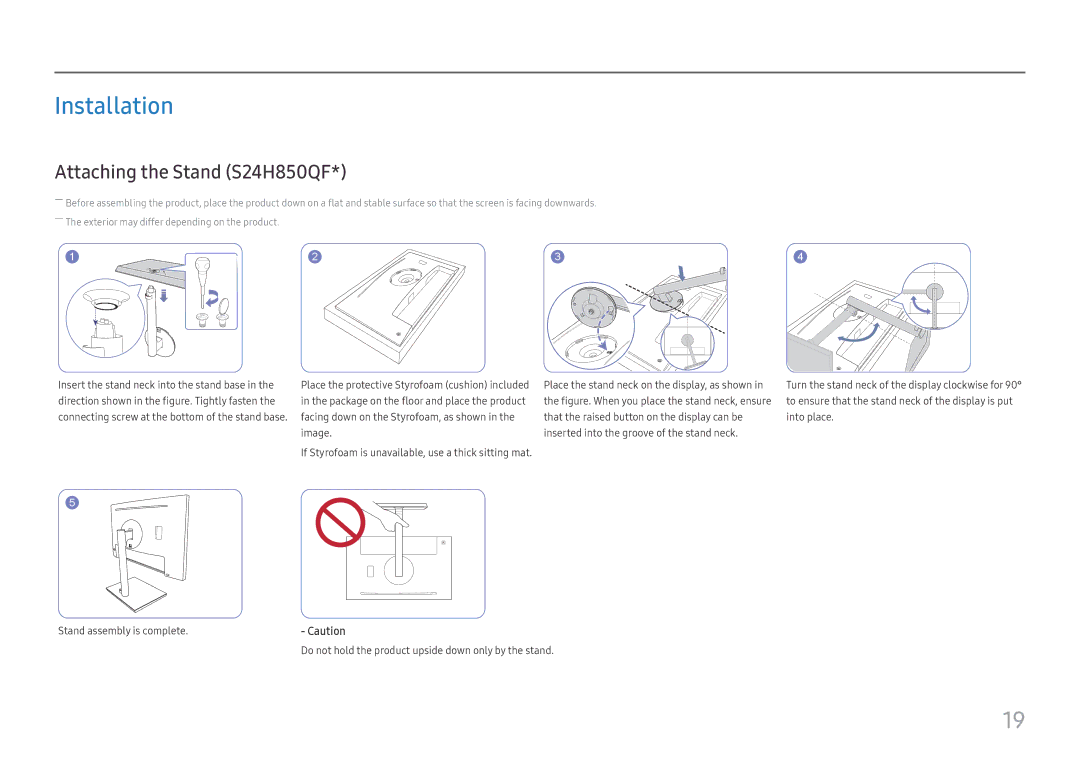 Samsung LS27H850QFUXXE, LS27H850QFUXEN, LS24H850QFUXEN, LS27H850QFEXXV manual Installation, Attaching the Stand S24H850QF 