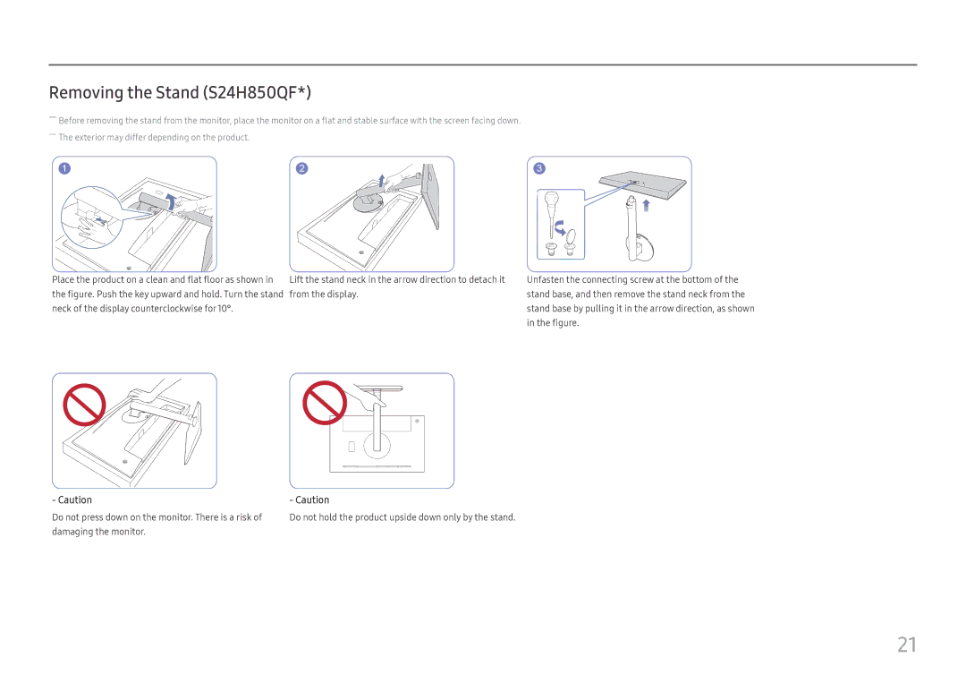 Samsung LS24H850QFIXCI, LS27H850QFUXEN, LS24H850QFUXEN, LS27H850QFEXXV, LS27H850QFUXXE manual Removing the Stand S24H850QF 