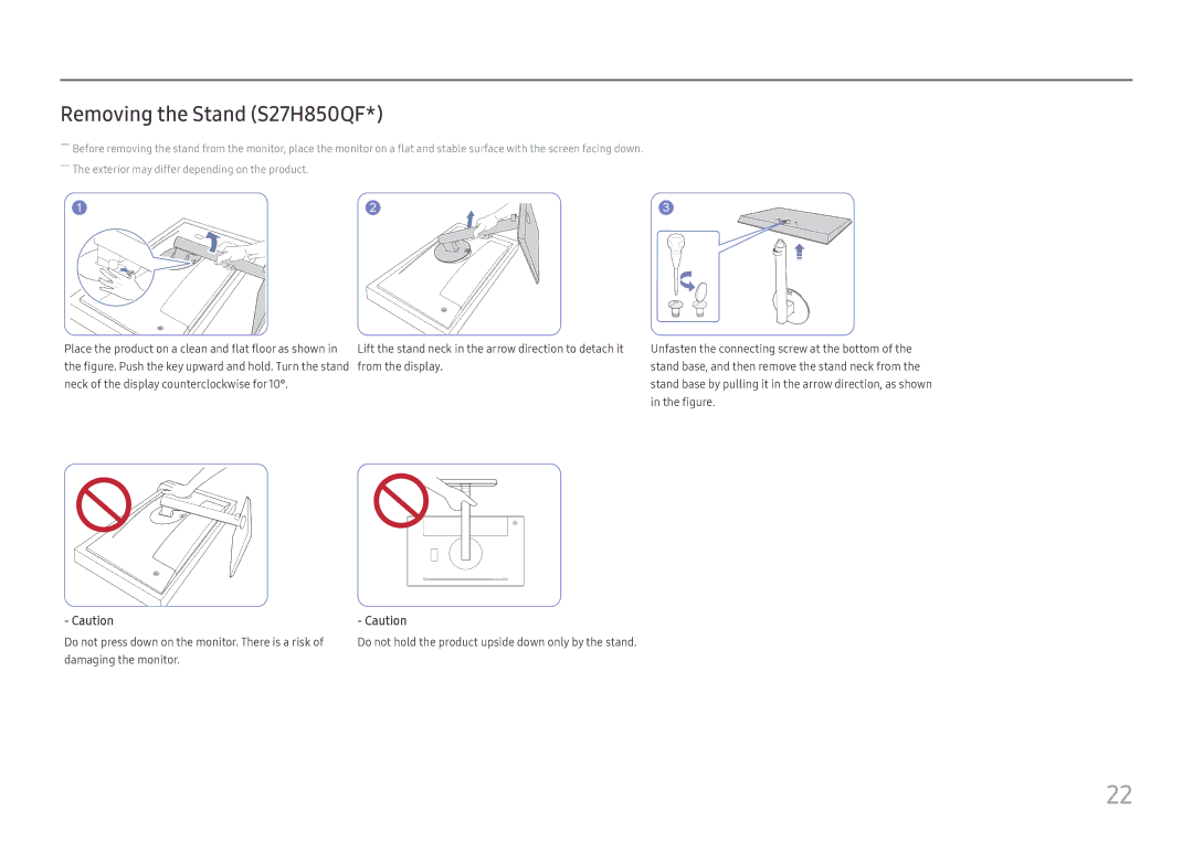 Samsung LS27H850QFIXCI, LS27H850QFUXEN, LS24H850QFUXEN, LS27H850QFEXXV, LS27H850QFUXXE manual Removing the Stand S27H850QF 