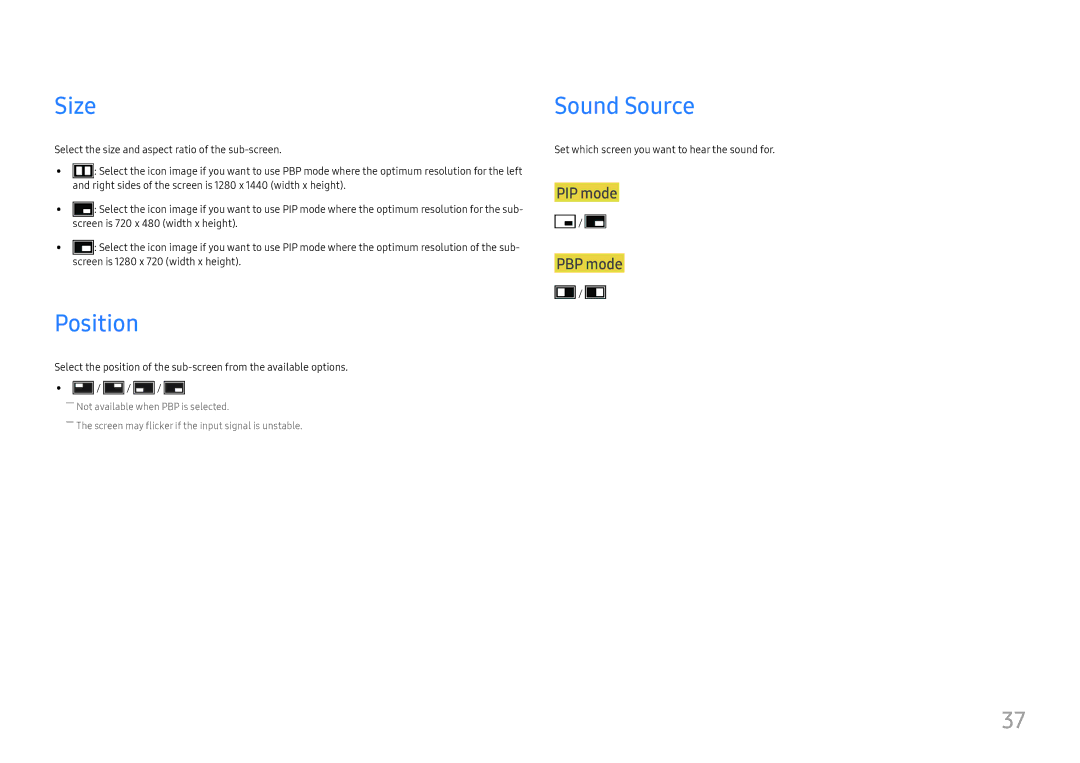 Samsung LS24H850QFIXCI, LS27H850QFUXEN, LS24H850QFUXEN, LS27H850QFEXXV manual Size, Position, Sound Source, PIP mode PBP mode 