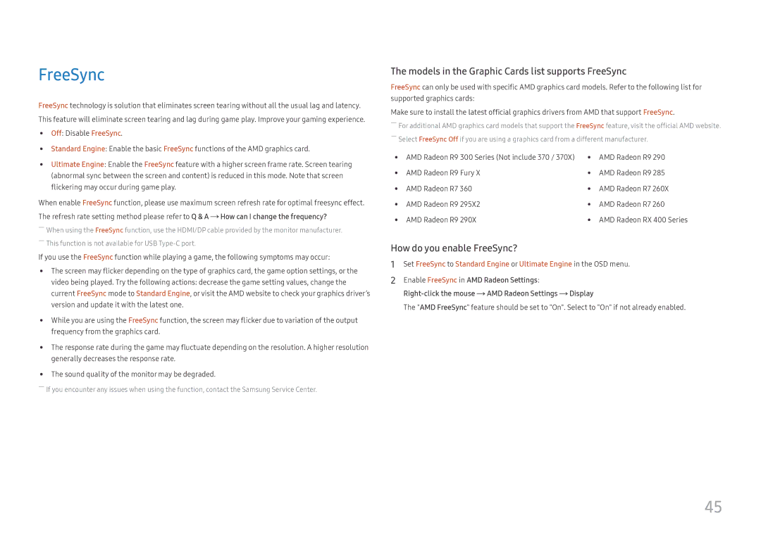 Samsung LS24H850QFIXCI, LS27H850QFUXEN, LS24H850QFUXEN manual Models in the Graphic Cards list supports FreeSync 