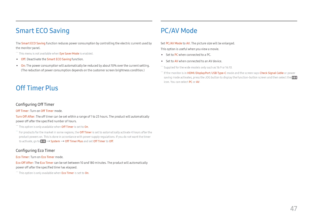 Samsung LS27H850QFMXCH, LS27H850QFUXEN, LS24H850QFUXEN, LS27H850QFEXXV manual Smart ECO Saving, Off Timer Plus, PC/AV Mode 
