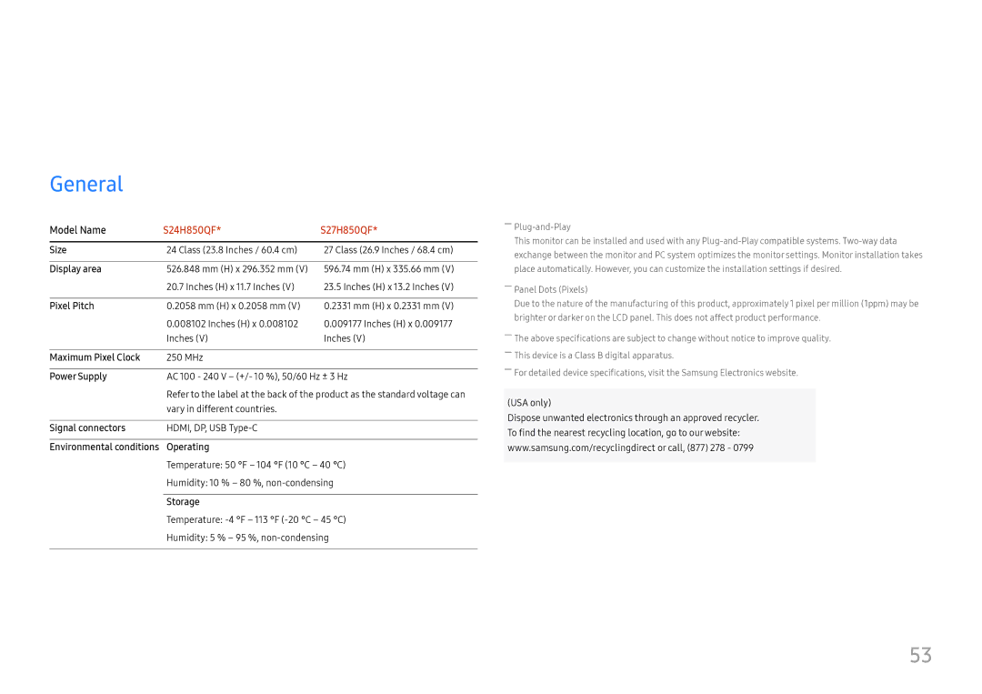 Samsung LS24H850QFIXCI, LS27H850QFUXEN, LS24H850QFUXEN, LS27H850QFEXXV, LS27H850QFUXXE, LS24H850QFUXXE Specifications, General 