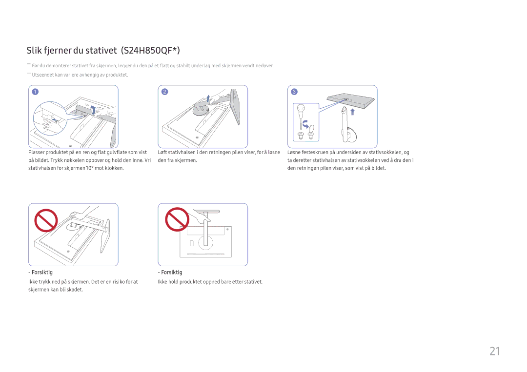 Samsung LS24H850QFUXEN, LS27H850QFUXEN, LS27H850QFUXXE, LS24H850QFUXXE manual Slik fjerner du stativet S24H850QF 