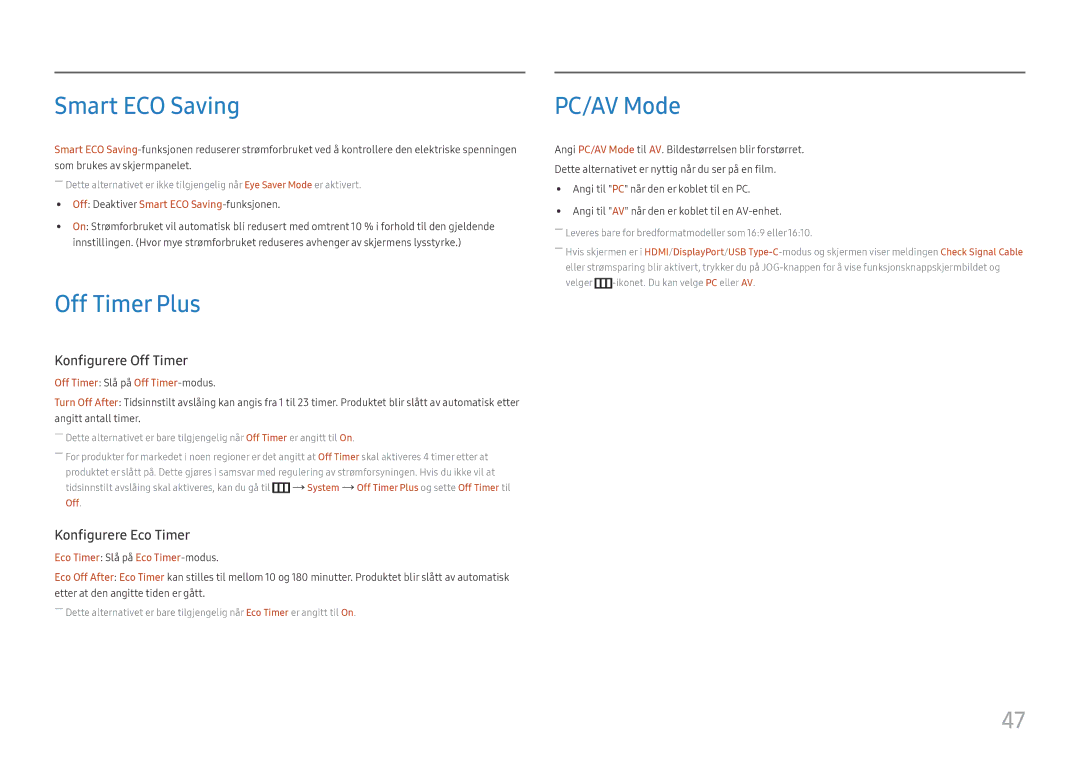 Samsung LS24H850QFUXXE, LS27H850QFUXEN, LS24H850QFUXEN, LS27H850QFUXXE manual Smart ECO Saving, Off Timer Plus, PC/AV Mode 