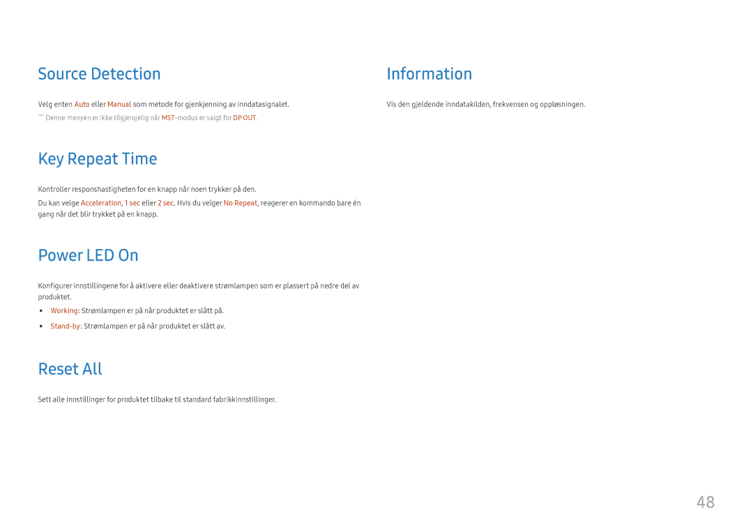 Samsung LS27H850QFUXEN, LS24H850QFUXEN manual Source Detection Information, Key Repeat Time, Power LED On, Reset All 