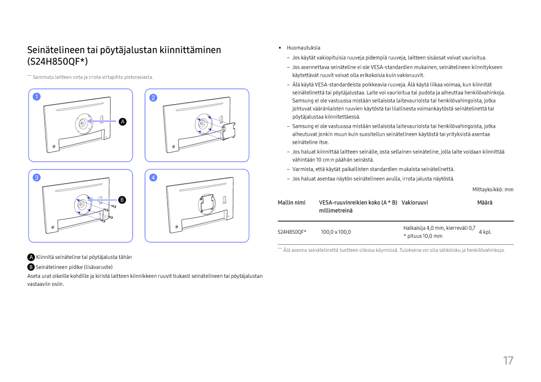 Samsung LS24H850QFUXEN Seinätelineen tai pöytäjalustan kiinnittäminen S24H850QF, Mallin nimi, Vakioruuvi, Millimetreinä 