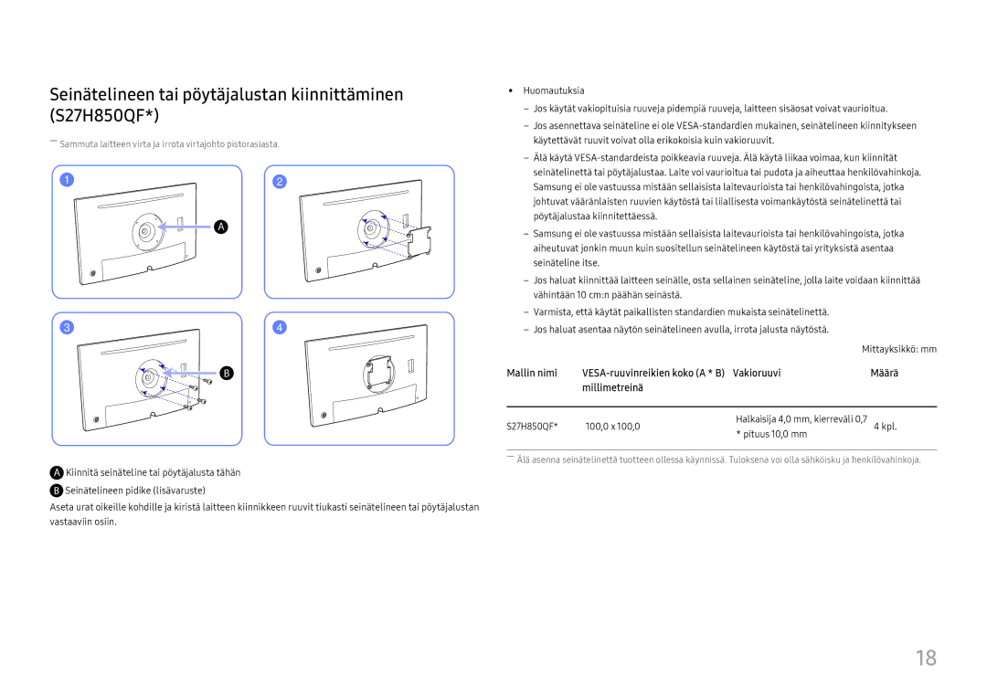 Samsung LS27H850QFUXXE, LS27H850QFUXEN, LS24H850QFUXEN manual Seinätelineen tai pöytäjalustan kiinnittäminen S27H850QF 