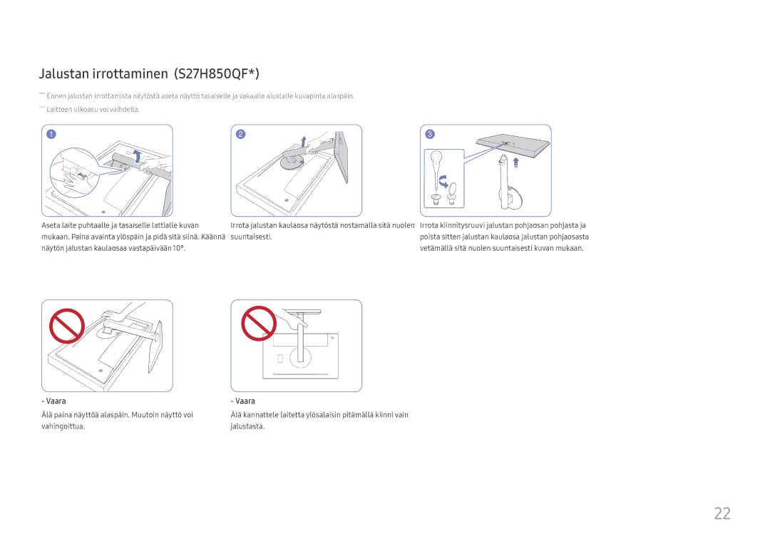 Samsung LS27H850QFUXXE, LS27H850QFUXEN, LS24H850QFUXEN, LS24H850QFUXXE manual Jalustan irrottaminen S27H850QF 