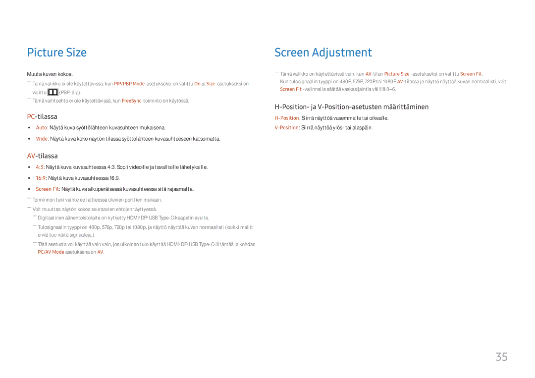 Samsung LS24H850QFUXXE, LS27H850QFUXEN, LS24H850QFUXEN, LS27H850QFUXXE manual Picture Size, Screen Adjustment 