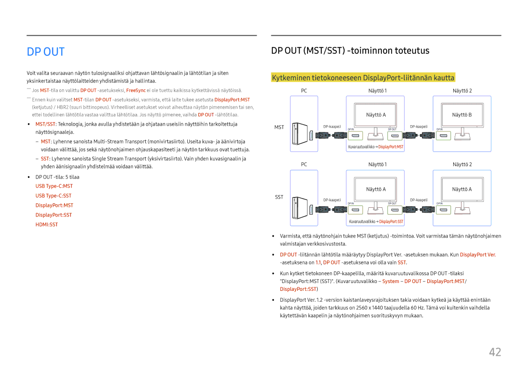 Samsung LS27H850QFUXXE manual DP OUT MST/SST -toiminnon toteutus, Kytkeminen tietokoneeseen DisplayPort-liitännän kautta 