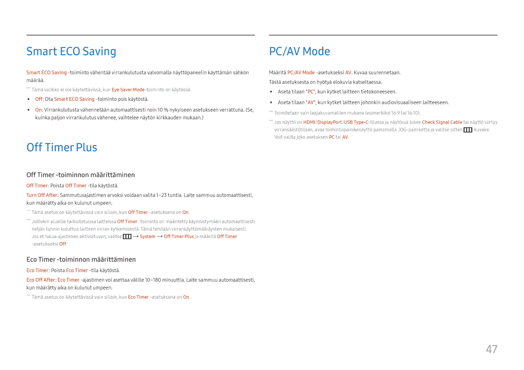 Samsung LS24H850QFUXXE, LS27H850QFUXEN, LS24H850QFUXEN, LS27H850QFUXXE manual Smart ECO Saving, Off Timer Plus, PC/AV Mode 