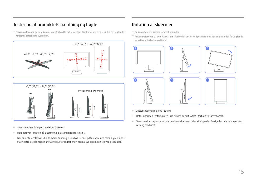 Samsung LS24H850QFUXXE, LS27H850QFUXEN, LS24H850QFUXEN manual Justering af produktets hældning og højde, Rotation af skærmen 