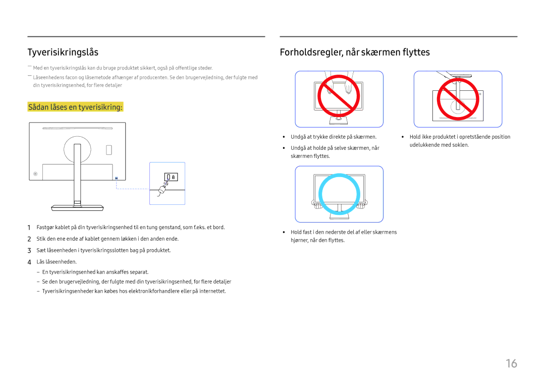 Samsung LS27H850QFUXEN, LS24H850QFUXEN, LS27H850QFUXXE, LS24H850QFUXXE manual Tyverisikringslås, Sådan låses en tyverisikring 