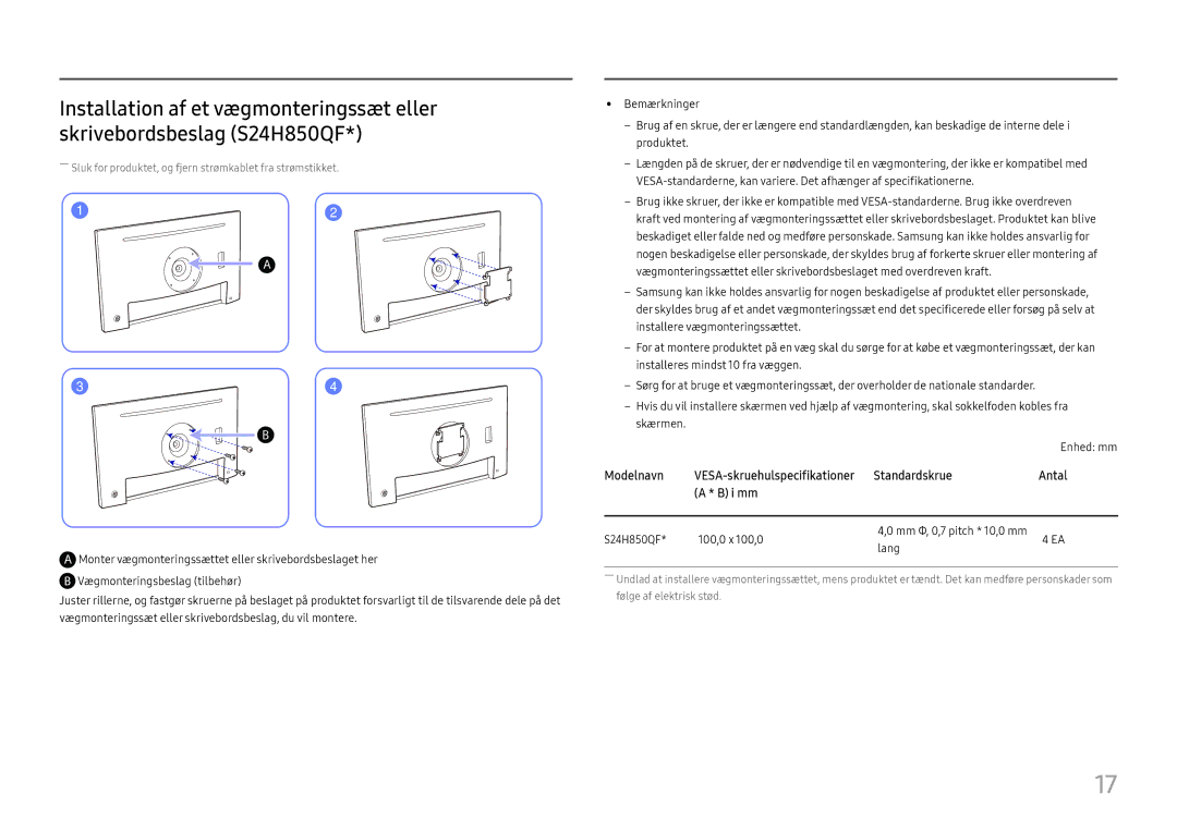 Samsung LS24H850QFUXEN, LS27H850QFUXEN, LS27H850QFUXXE manual Modelnavn VESA-skruehulspecifikationer Standardskrue, I mm 