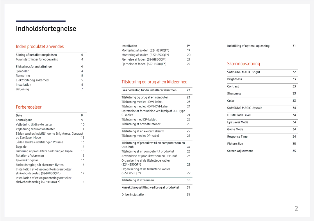 Samsung LS27H850QFUXXE, LS27H850QFUXEN, LS24H850QFUXEN, LS24H850QFUXXE manual Indholdsfortegnelse 