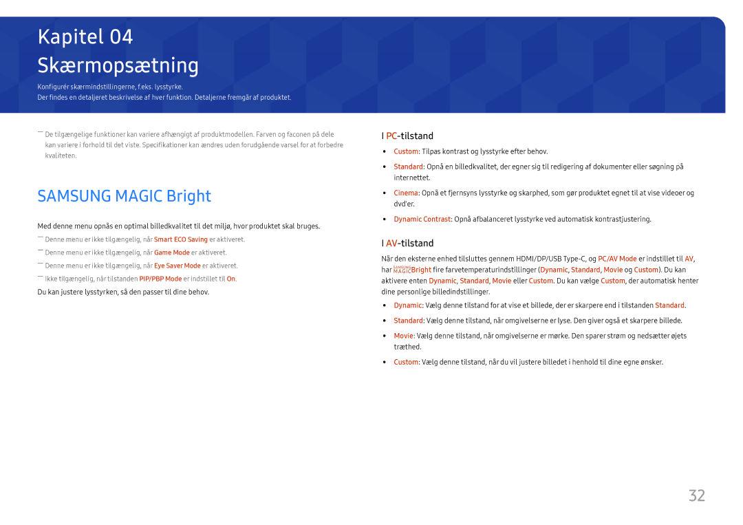 Samsung LS27H850QFUXEN, LS24H850QFUXEN, LS27H850QFUXXE, LS24H850QFUXXE manual Skærmopsætning, Samsung Magic Bright 