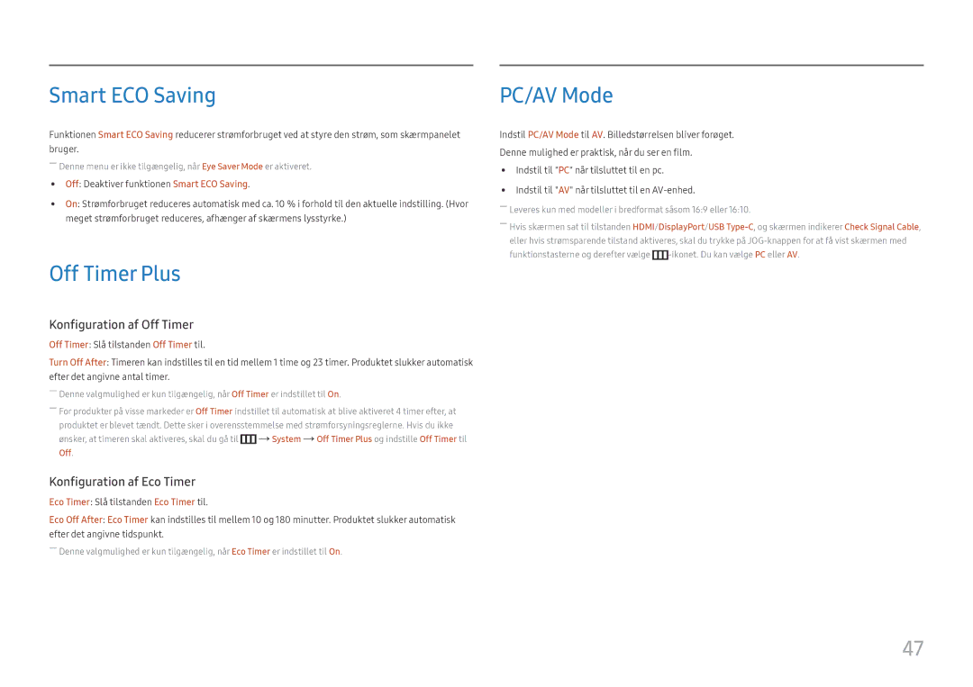 Samsung LS24H850QFUXXE, LS27H850QFUXEN, LS24H850QFUXEN, LS27H850QFUXXE manual Smart ECO Saving, Off Timer Plus, PC/AV Mode 