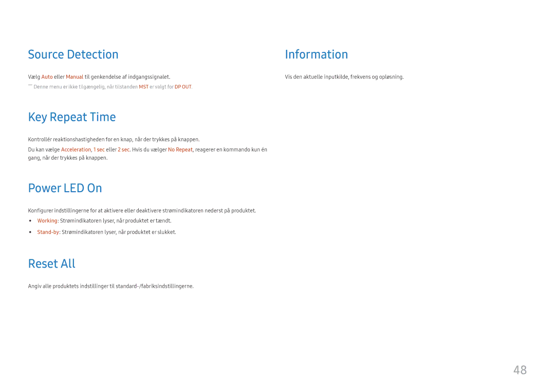 Samsung LS27H850QFUXEN, LS24H850QFUXEN manual Source Detection Information, Key Repeat Time, Power LED On, Reset All 