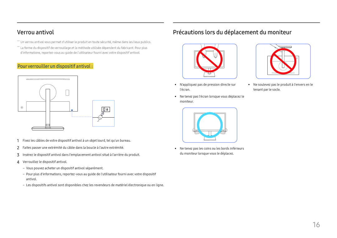 Samsung LS27H850QFUXEN Verrou antivol, Précautions lors du déplacement du moniteur, Pour verrouiller un dispositif antivol 