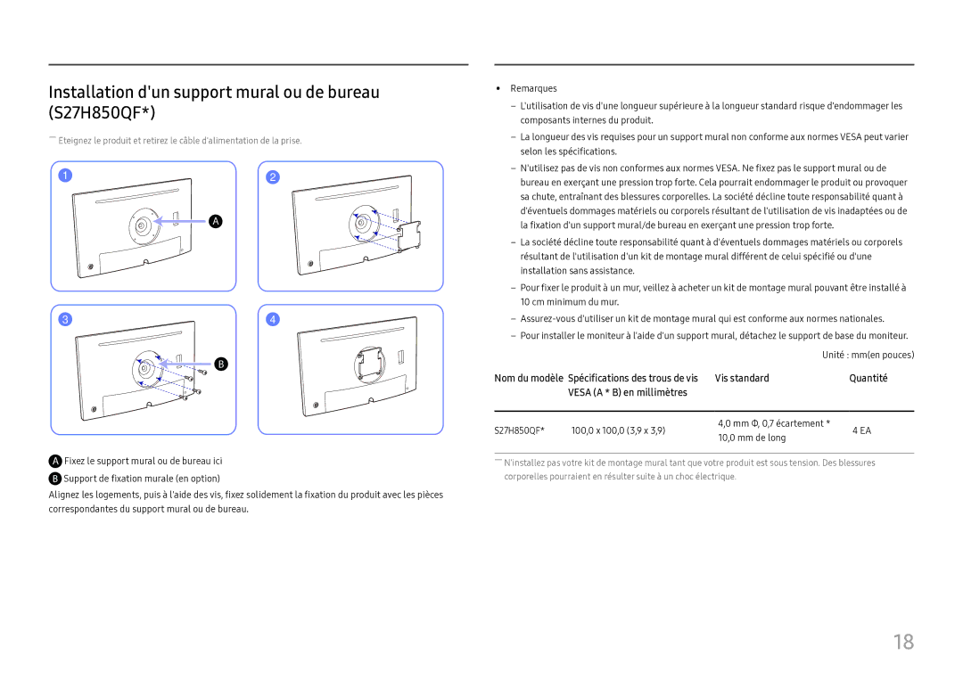 Samsung LS27H850QFUXEN, LS24H850QFUXEN manual Installation dun support mural ou de bureau S27H850QF 