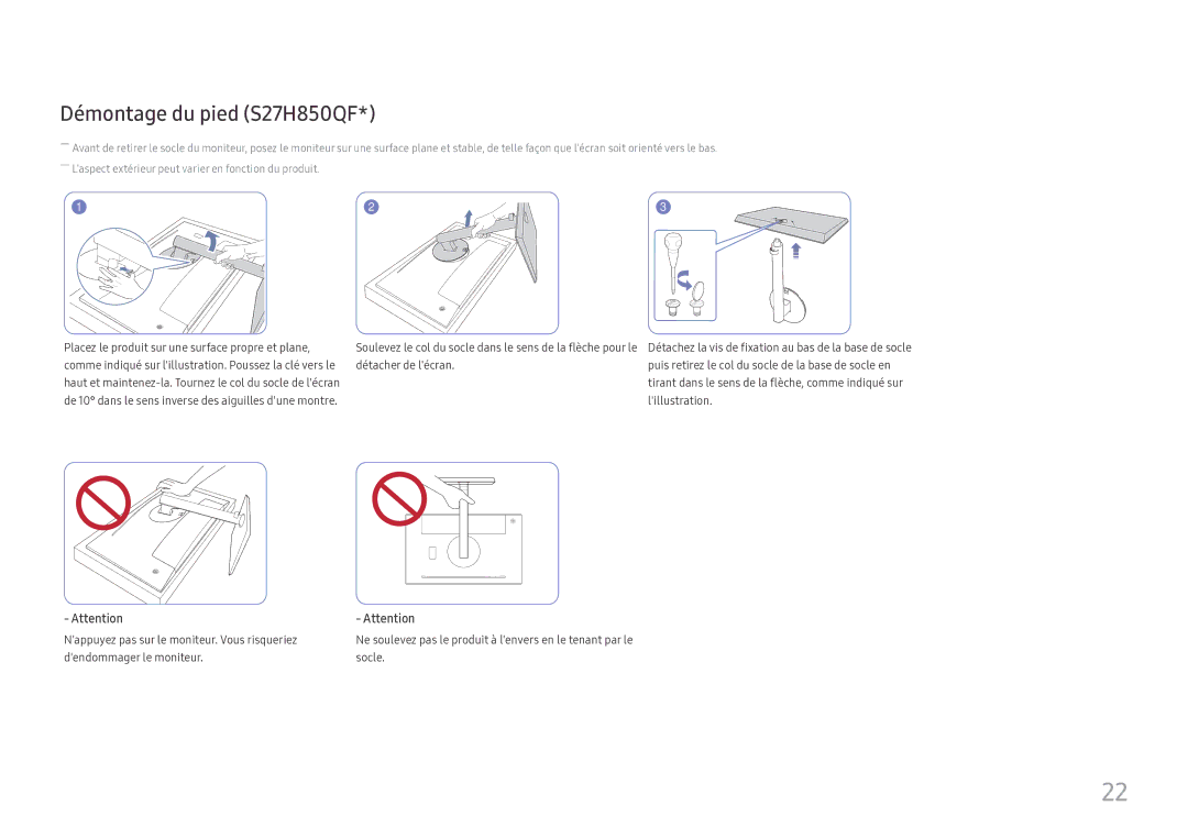 Samsung LS27H850QFUXEN, LS24H850QFUXEN manual Démontage du pied S27H850QF 