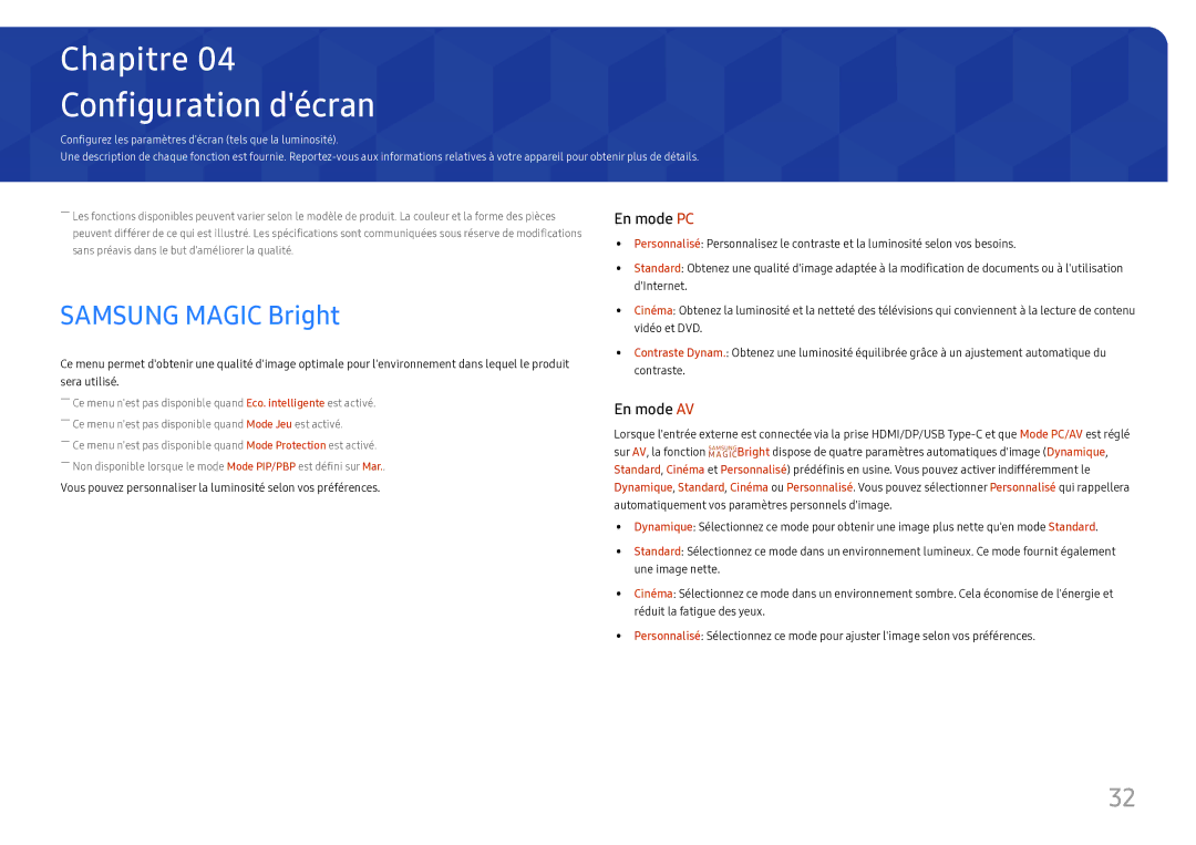 Samsung LS27H850QFUXEN, LS24H850QFUXEN manual Configuration décran, Samsung Magic Bright 