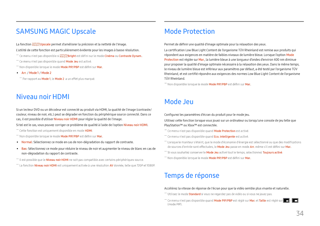 Samsung LS27H850QFUXEN manual Samsung Magic Upscale, Mode Protection, Niveau noir Hdmi, Mode Jeu, Temps de réponse 