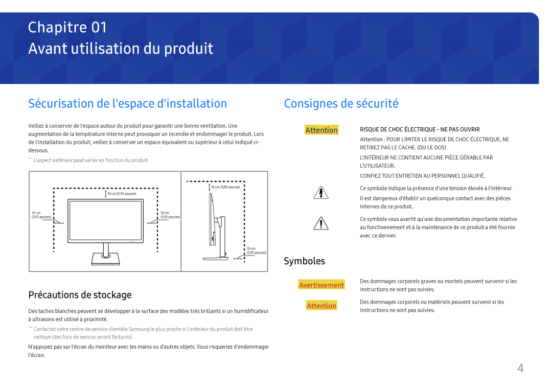 Samsung LS27H850QFUXEN manual Avant utilisation du produit, Sécurisation de lespace dinstallation, Consignes de sécurité 