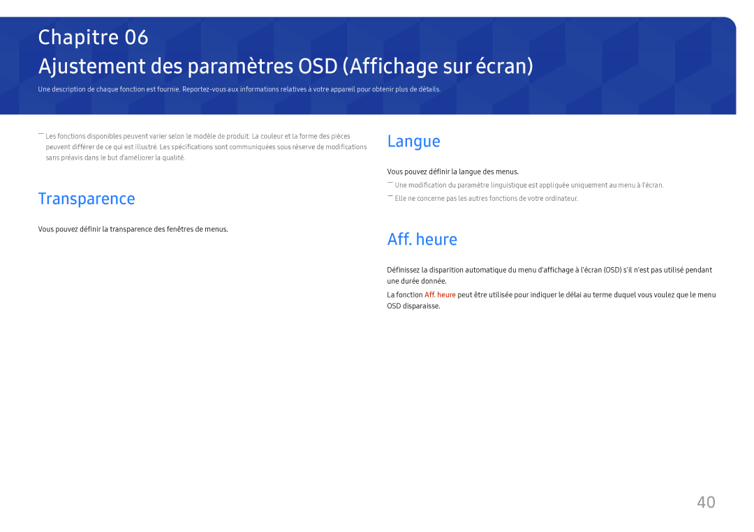 Samsung LS27H850QFUXEN, LS24H850QFUXEN manual Ajustement des paramètres OSD Affichage sur écran, Transparence, Aff. heure 