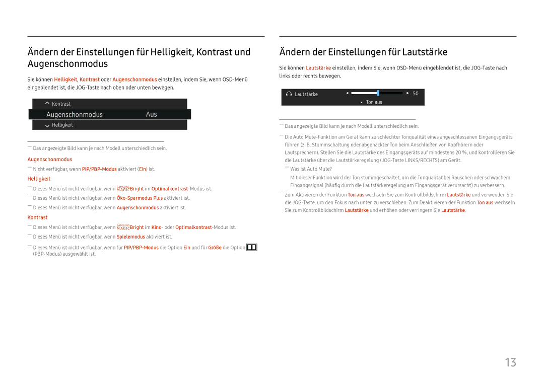 Samsung LS24H850QFUXEN, LS27H850QFUXEN manual Ändern der Einstellungen für Lautstärke, AugenschonmodusAus 