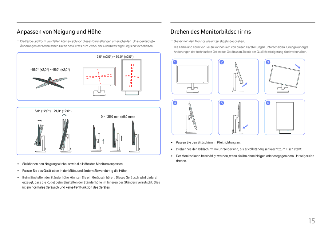 Samsung LS24H850QFUXEN, LS27H850QFUXEN manual Anpassen von Neigung und Höhe, Drehen des Monitorbildschirms 