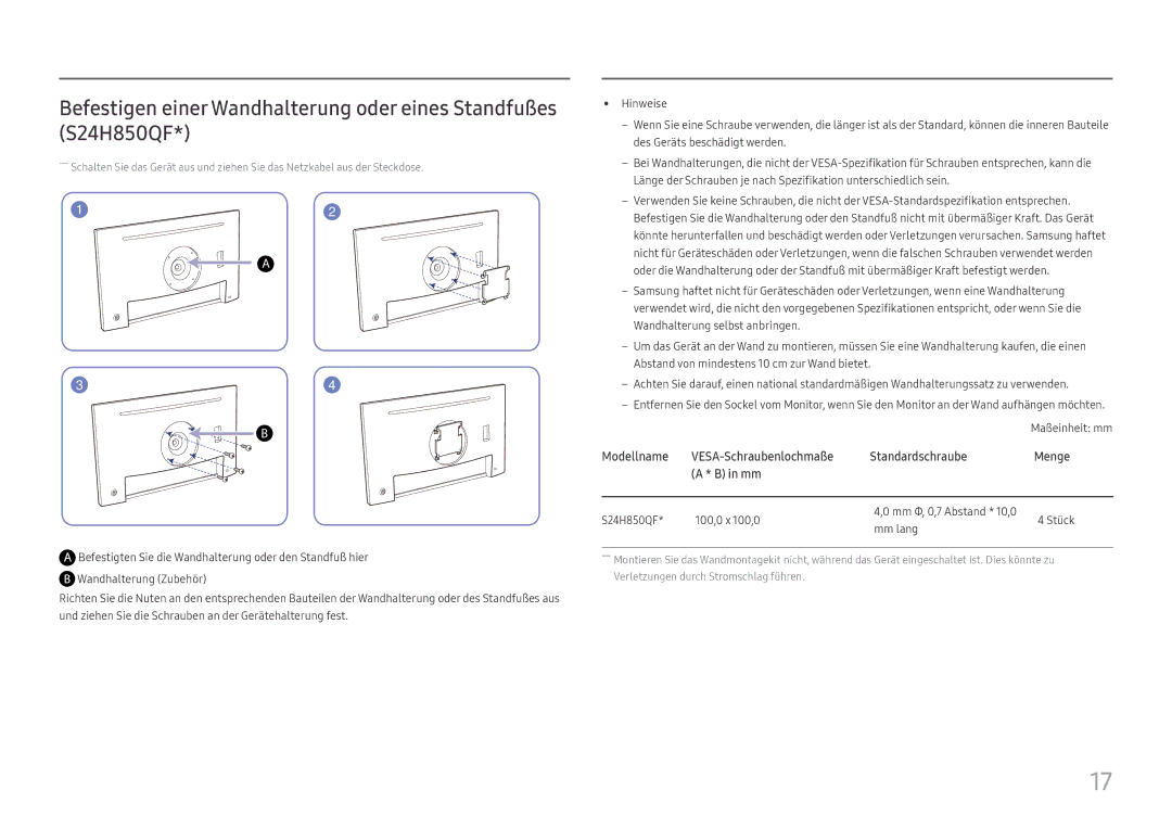 Samsung LS24H850QFUXEN, LS27H850QFUXEN manual Modellname VESA-Schraubenlochmaße Standardschraube Menge 