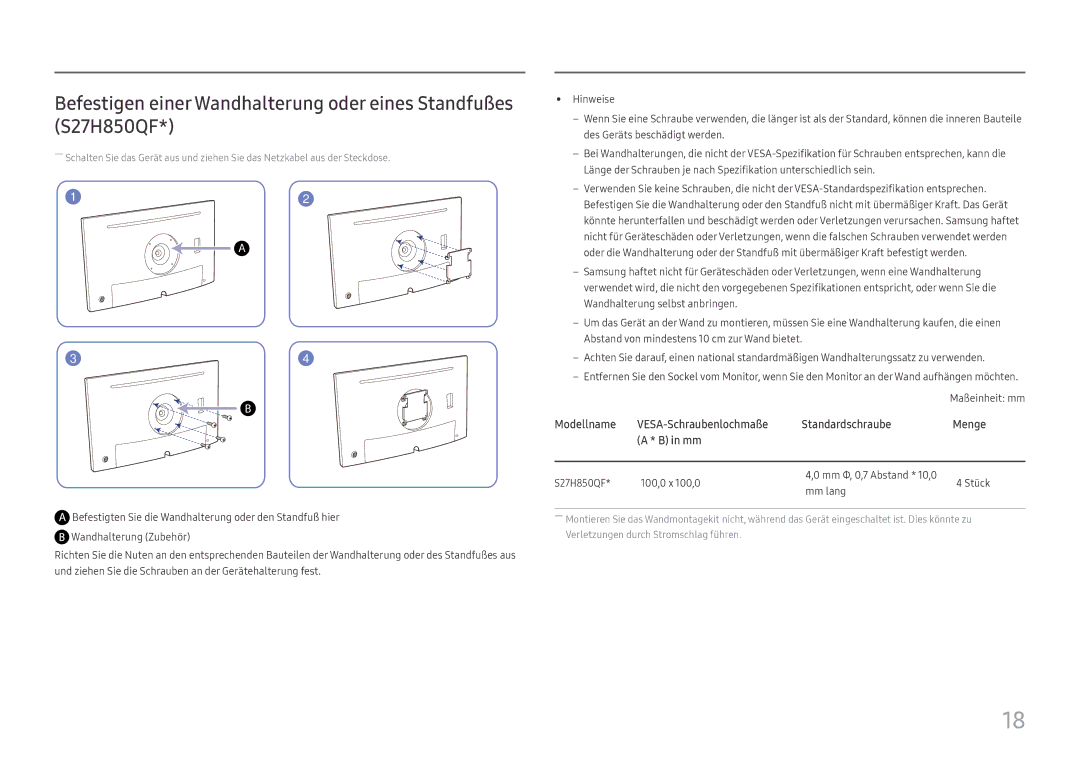 Samsung LS27H850QFUXEN, LS24H850QFUXEN manual Modellname VESA-Schraubenlochmaße Standardschraube Menge 