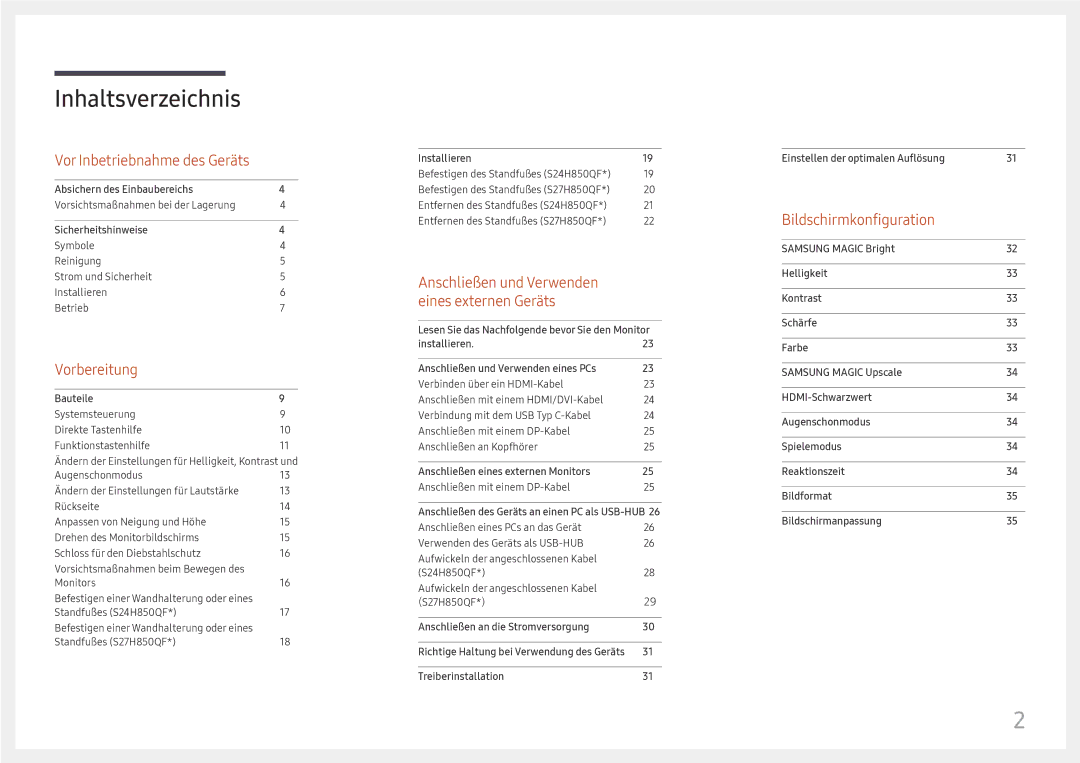 Samsung LS27H850QFUXEN, LS24H850QFUXEN manual Inhaltsverzeichnis 