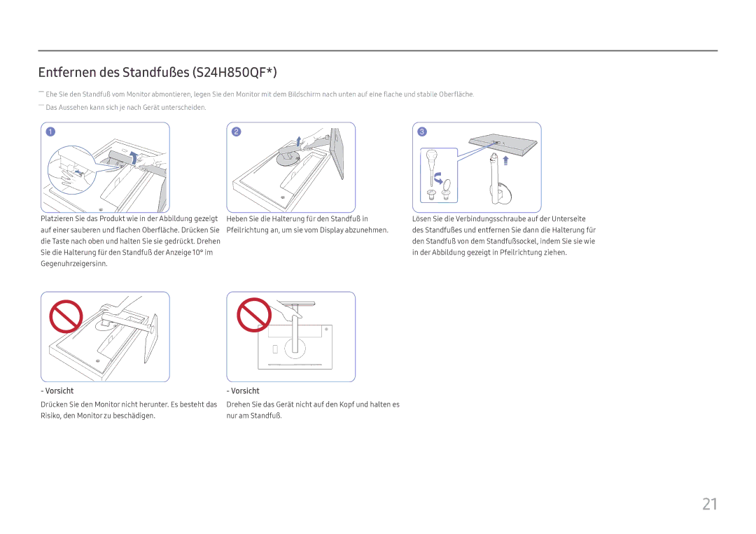 Samsung LS24H850QFUXEN, LS27H850QFUXEN manual Entfernen des Standfußes S24H850QF 