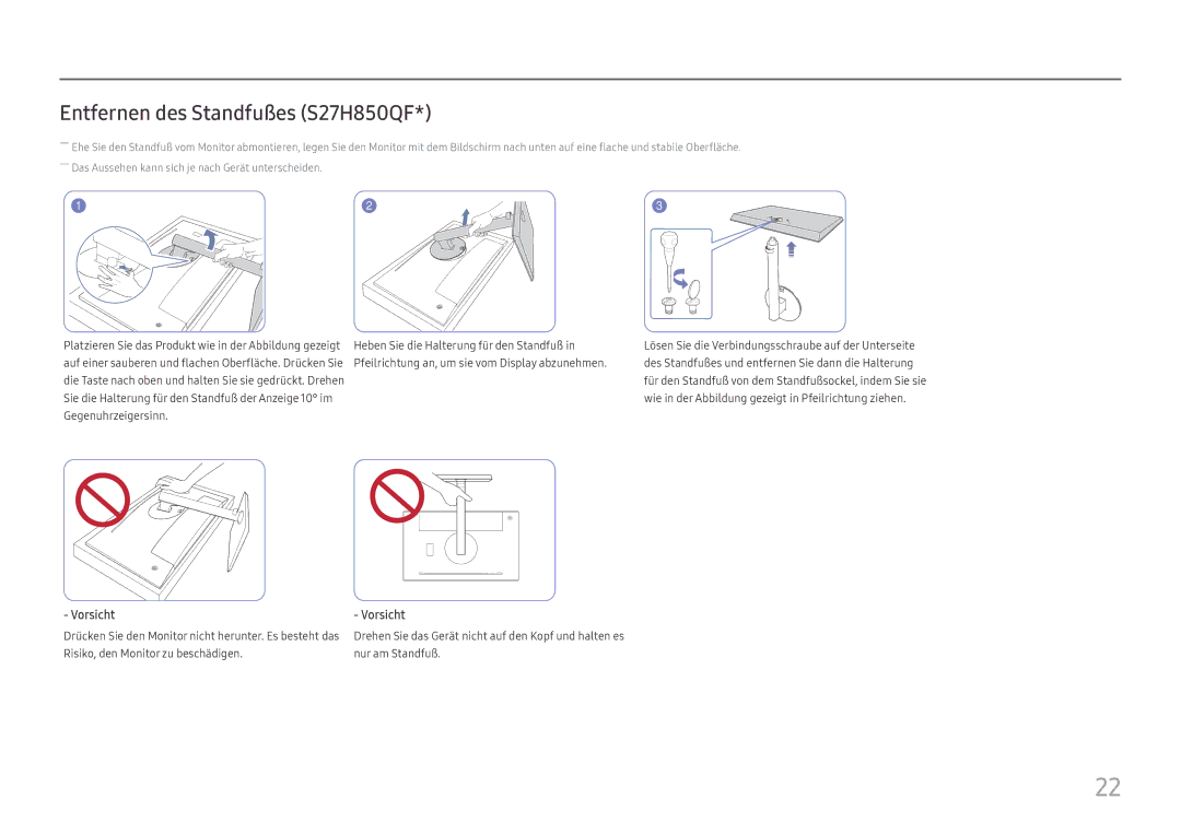 Samsung LS27H850QFUXEN, LS24H850QFUXEN manual Entfernen des Standfußes S27H850QF 