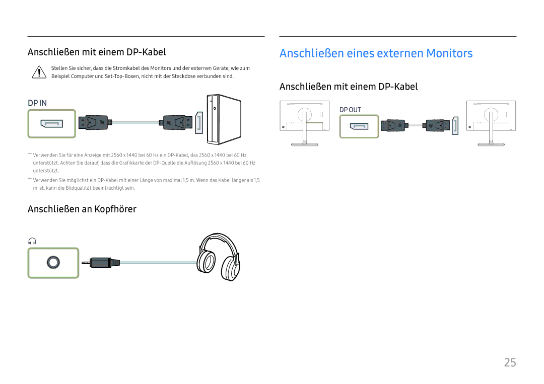 Samsung LS24H850QFUXEN, LS27H850QFUXEN manual Anschließen mit einem DP-Kabel, Anschließen an Kopfhörer 