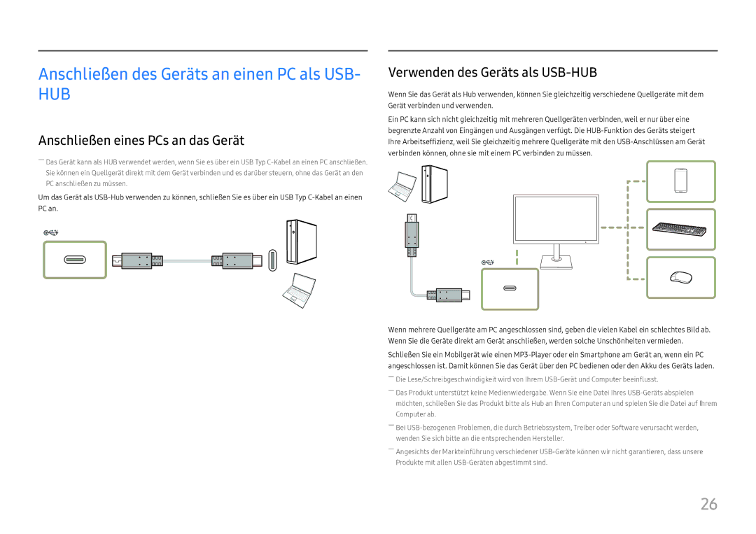 Samsung LS27H850QFUXEN, LS24H850QFUXEN manual Anschließen eines PCs an das Gerät, Verwenden des Geräts als USB-HUB 