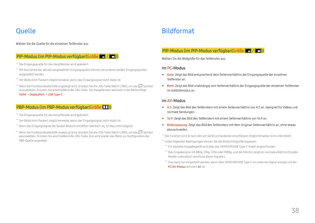 Samsung LS27H850QFUXEN, LS24H850QFUXEN manual Quelle, PIP-Modus im PIP-Modus verfügbarGröße 