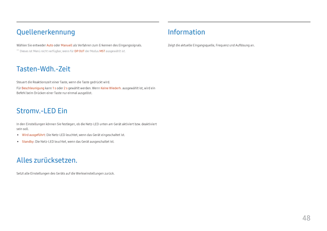 Samsung LS27H850QFUXEN, LS24H850QFUXEN Quellenerkennung Information, Tasten-Wdh.-Zeit, Stromv.-LED Ein, Alles zurücksetzen 