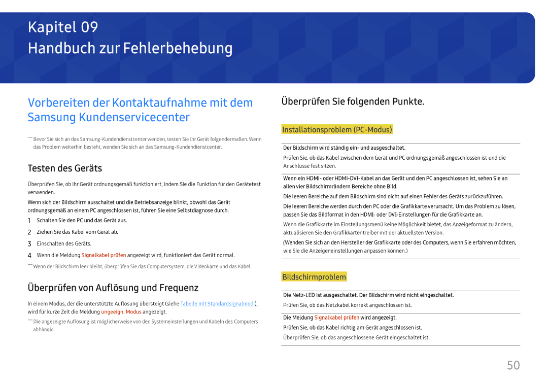 Samsung LS27H850QFUXEN manual Handbuch zur Fehlerbehebung, Testen des Geräts, Überprüfen von Auflösung und Frequenz 