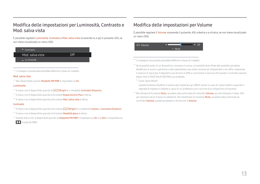 Samsung LS24H850QFUXEN, LS27H850QFUXEN manual Modifica delle impostazioni per Volume, Luminosità 