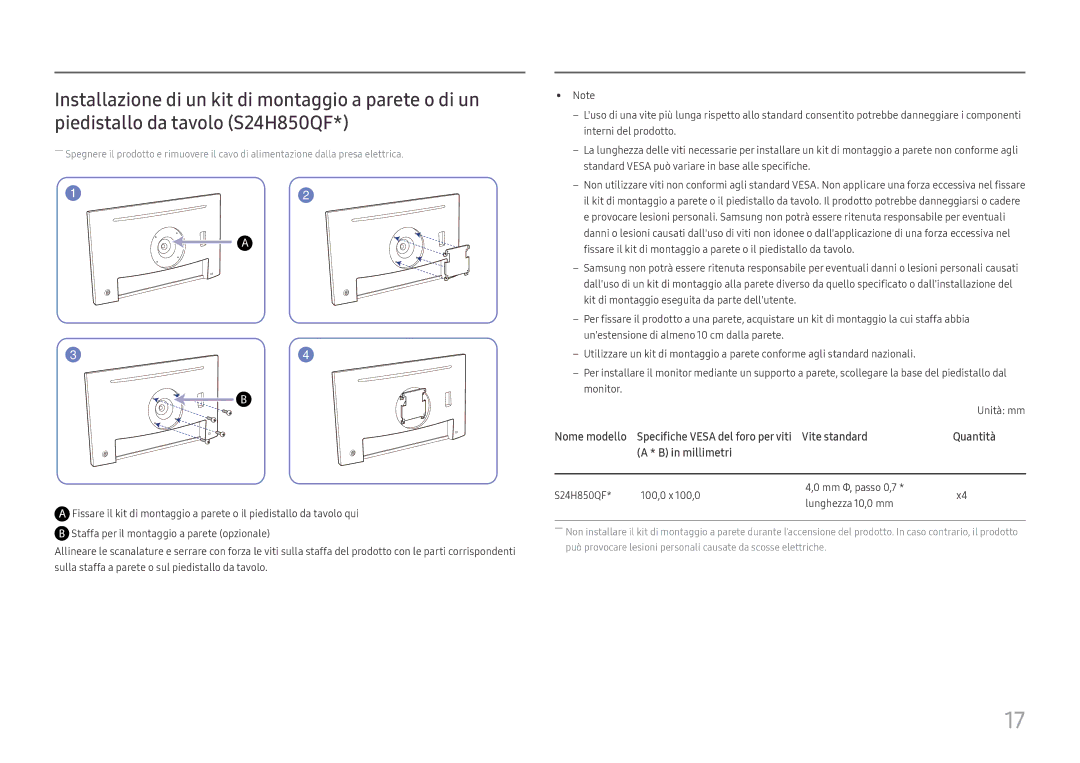 Samsung LS24H850QFUXEN, LS27H850QFUXEN manual S24H850QF 100,0 x 100,0 Mm Φ, passo 0,7 Lunghezza 10,0 mm 